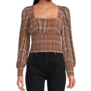 Gianni Bini‎ Wove Faye Plaid Square Neck Brown and Blue Blouse